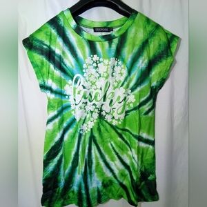 NWT Lucky Green Cap Sleeve Tie-Dye T-Shirt Shamrock St Patricks Patty Day Irish